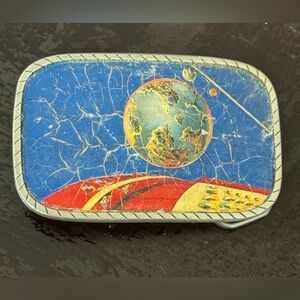 Vintage Novelty Space Design Pewter Belt Buckle- Blue Red Yellow